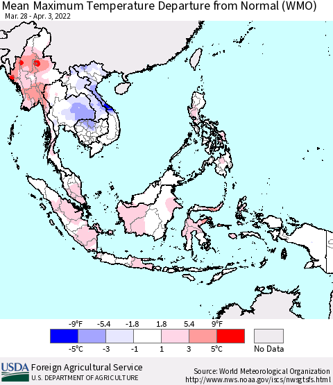 South East Asia Mean Maximum Temperature Departure from Normal (WMO) Thematic Map For 3/28/2022 - 4/3/2022