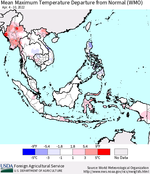 South East Asia Mean Maximum Temperature Departure from Normal (WMO) Thematic Map For 4/4/2022 - 4/10/2022
