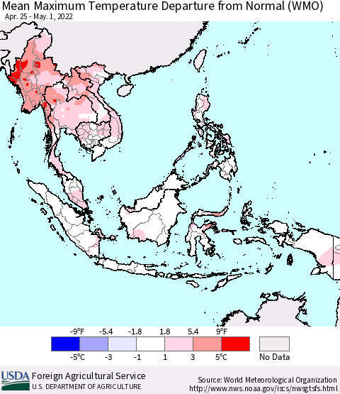 South East Asia Mean Maximum Temperature Departure from Normal (WMO) Thematic Map For 4/25/2022 - 5/1/2022