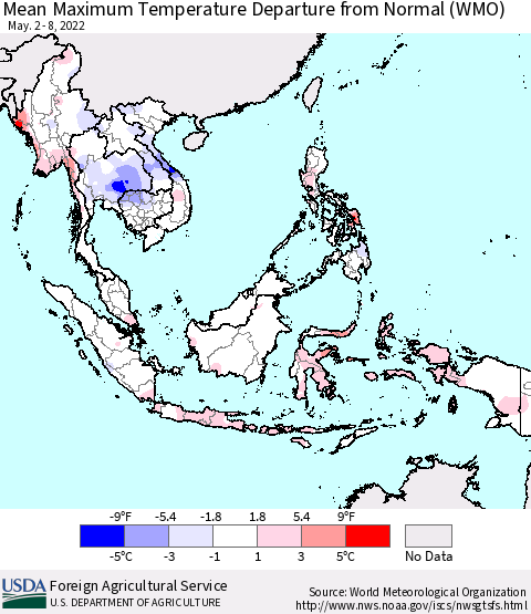 South East Asia Mean Maximum Temperature Departure from Normal (WMO) Thematic Map For 5/2/2022 - 5/8/2022
