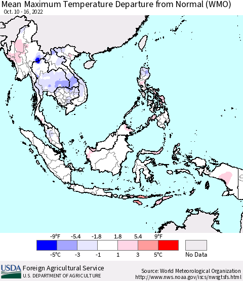 South East Asia Mean Maximum Temperature Departure from Normal (WMO) Thematic Map For 10/10/2022 - 10/16/2022