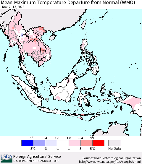 South East Asia Mean Maximum Temperature Departure from Normal (WMO) Thematic Map For 11/7/2022 - 11/13/2022