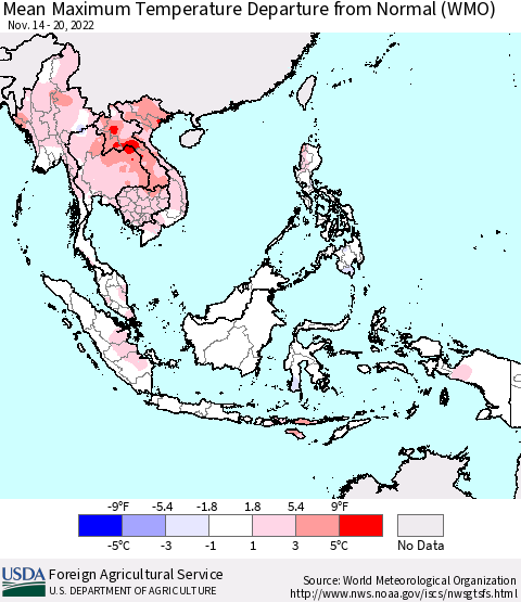 South East Asia Mean Maximum Temperature Departure from Normal (WMO) Thematic Map For 11/14/2022 - 11/20/2022