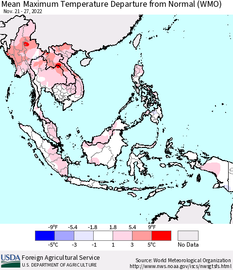 South East Asia Mean Maximum Temperature Departure from Normal (WMO) Thematic Map For 11/21/2022 - 11/27/2022