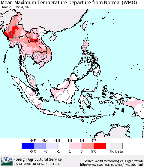 South East Asia Mean Maximum Temperature Departure from Normal (WMO) Thematic Map For 11/28/2022 - 12/4/2022