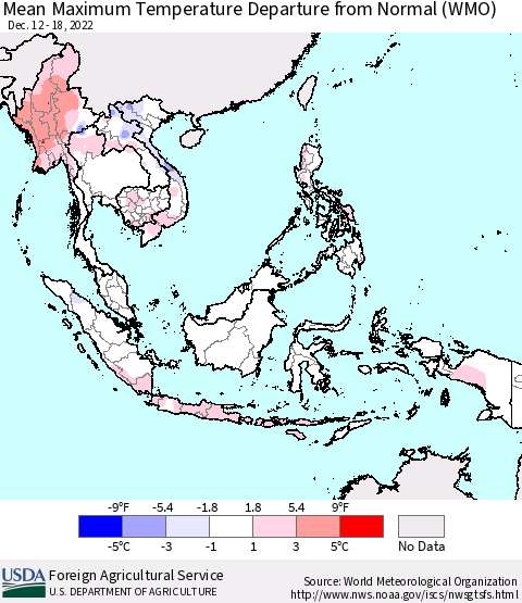 South East Asia Mean Maximum Temperature Departure from Normal (WMO) Thematic Map For 12/12/2022 - 12/18/2022