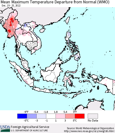 South East Asia Mean Maximum Temperature Departure from Normal (WMO) Thematic Map For 12/19/2022 - 12/25/2022