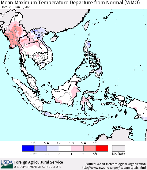 South East Asia Mean Maximum Temperature Departure from Normal (WMO) Thematic Map For 12/26/2022 - 1/1/2023