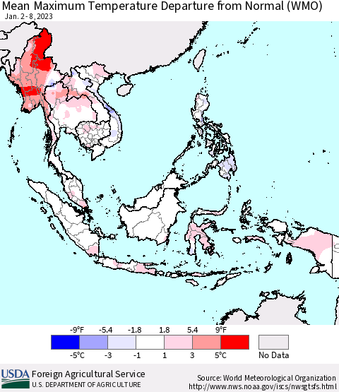 South East Asia Mean Maximum Temperature Departure from Normal (WMO) Thematic Map For 1/2/2023 - 1/8/2023