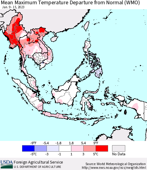 South East Asia Mean Maximum Temperature Departure from Normal (WMO) Thematic Map For 1/9/2023 - 1/15/2023