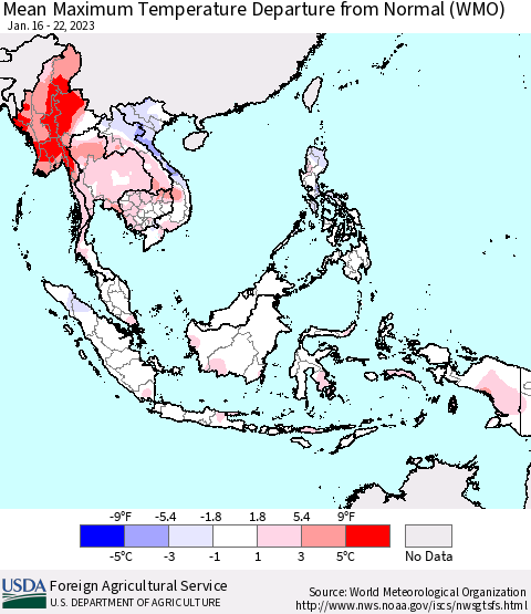 South East Asia Mean Maximum Temperature Departure from Normal (WMO) Thematic Map For 1/16/2023 - 1/22/2023