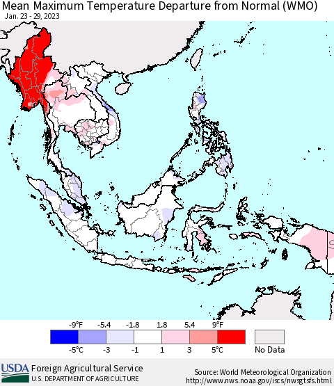 South East Asia Mean Maximum Temperature Departure from Normal (WMO) Thematic Map For 1/23/2023 - 1/29/2023