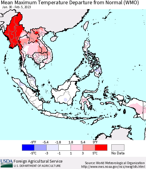 South East Asia Mean Maximum Temperature Departure from Normal (WMO) Thematic Map For 1/30/2023 - 2/5/2023
