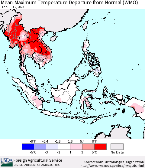 South East Asia Mean Maximum Temperature Departure from Normal (WMO) Thematic Map For 2/6/2023 - 2/12/2023
