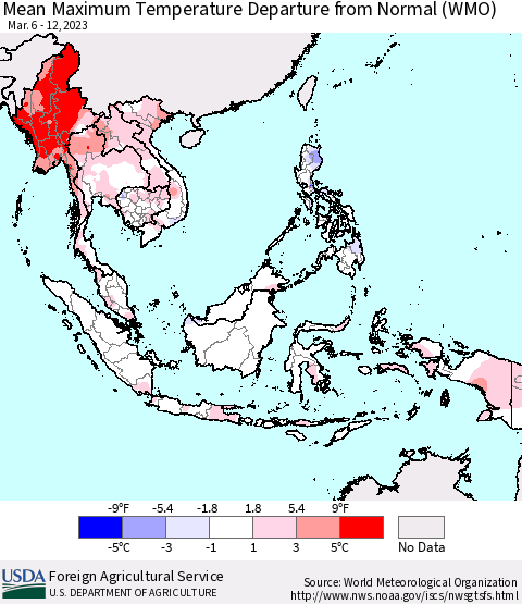 South East Asia Mean Maximum Temperature Departure from Normal (WMO) Thematic Map For 3/6/2023 - 3/12/2023