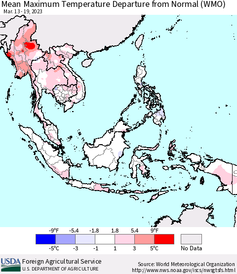 South East Asia Mean Maximum Temperature Departure from Normal (WMO) Thematic Map For 3/13/2023 - 3/19/2023