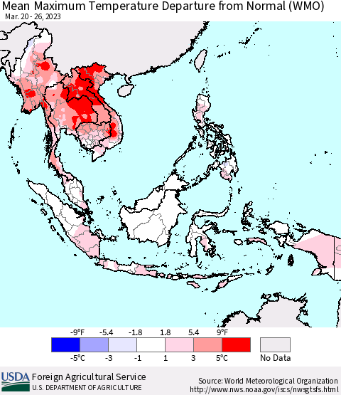 South East Asia Mean Maximum Temperature Departure from Normal (WMO) Thematic Map For 3/20/2023 - 3/26/2023