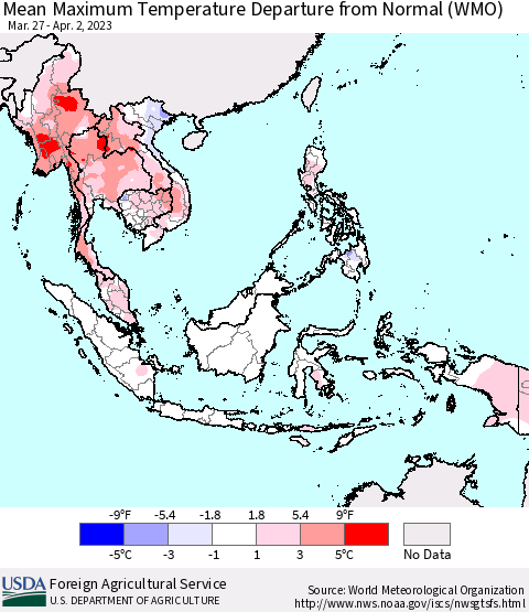 South East Asia Mean Maximum Temperature Departure from Normal (WMO) Thematic Map For 3/27/2023 - 4/2/2023
