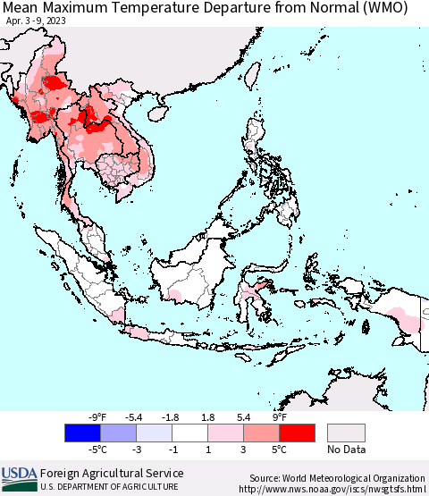 South East Asia Mean Maximum Temperature Departure from Normal (WMO) Thematic Map For 4/3/2023 - 4/9/2023