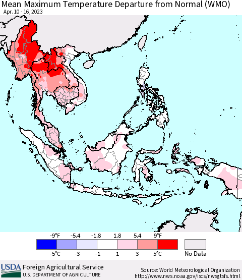 South East Asia Mean Maximum Temperature Departure from Normal (WMO) Thematic Map For 4/10/2023 - 4/16/2023