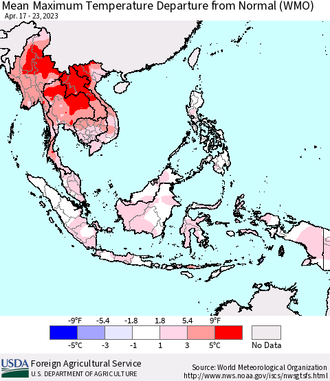 South East Asia Mean Maximum Temperature Departure from Normal (WMO) Thematic Map For 4/17/2023 - 4/23/2023