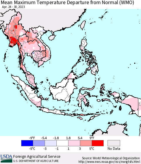 South East Asia Mean Maximum Temperature Departure from Normal (WMO) Thematic Map For 4/24/2023 - 4/30/2023