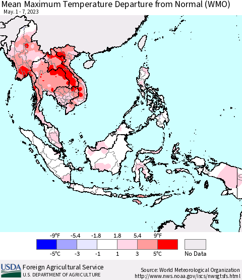 South East Asia Mean Maximum Temperature Departure from Normal (WMO) Thematic Map For 5/1/2023 - 5/7/2023