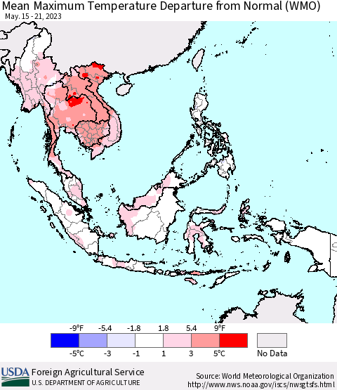 South East Asia Mean Maximum Temperature Departure from Normal (WMO) Thematic Map For 5/15/2023 - 5/21/2023