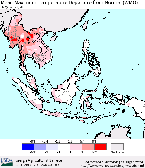 South East Asia Mean Maximum Temperature Departure from Normal (WMO) Thematic Map For 5/22/2023 - 5/28/2023
