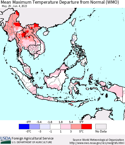 South East Asia Mean Maximum Temperature Departure from Normal (WMO) Thematic Map For 5/29/2023 - 6/4/2023