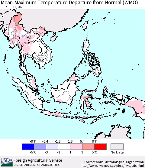 South East Asia Mean Maximum Temperature Departure from Normal (WMO) Thematic Map For 6/5/2023 - 6/11/2023