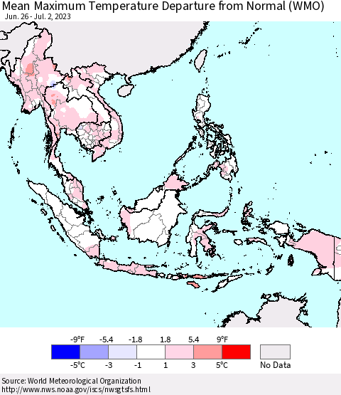 South East Asia Mean Maximum Temperature Departure from Normal (WMO) Thematic Map For 6/26/2023 - 7/2/2023