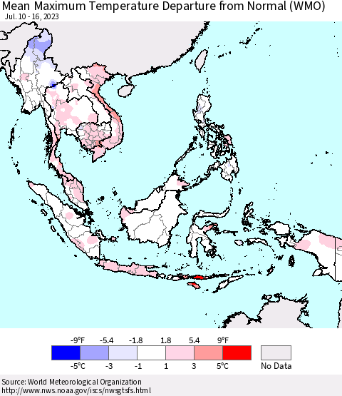 South East Asia Mean Maximum Temperature Departure from Normal (WMO) Thematic Map For 7/10/2023 - 7/16/2023