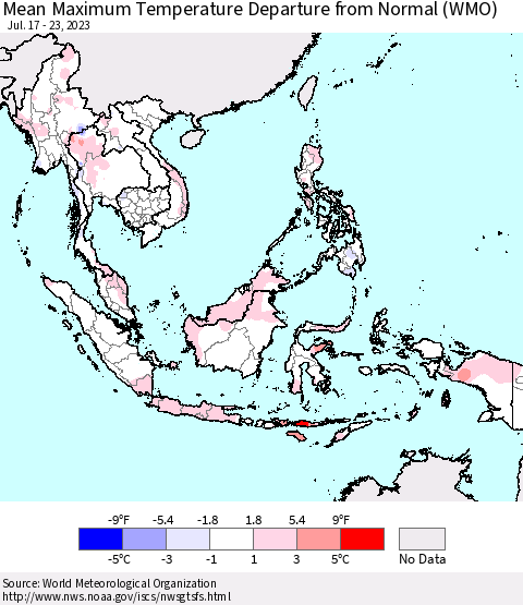 South East Asia Mean Maximum Temperature Departure from Normal (WMO) Thematic Map For 7/17/2023 - 7/23/2023