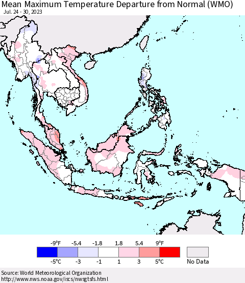 South East Asia Mean Maximum Temperature Departure from Normal (WMO) Thematic Map For 7/24/2023 - 7/30/2023