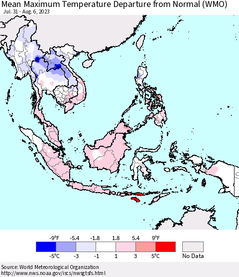 South East Asia Mean Maximum Temperature Departure from Normal (WMO) Thematic Map For 7/31/2023 - 8/6/2023
