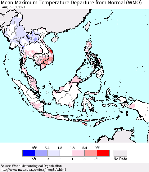 South East Asia Mean Maximum Temperature Departure from Normal (WMO) Thematic Map For 8/7/2023 - 8/13/2023