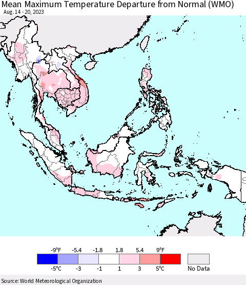 South East Asia Mean Maximum Temperature Departure from Normal (WMO) Thematic Map For 8/14/2023 - 8/20/2023