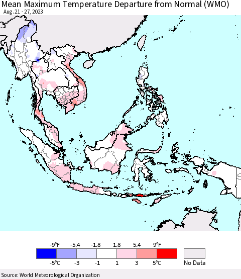 South East Asia Mean Maximum Temperature Departure from Normal (WMO) Thematic Map For 8/21/2023 - 8/27/2023