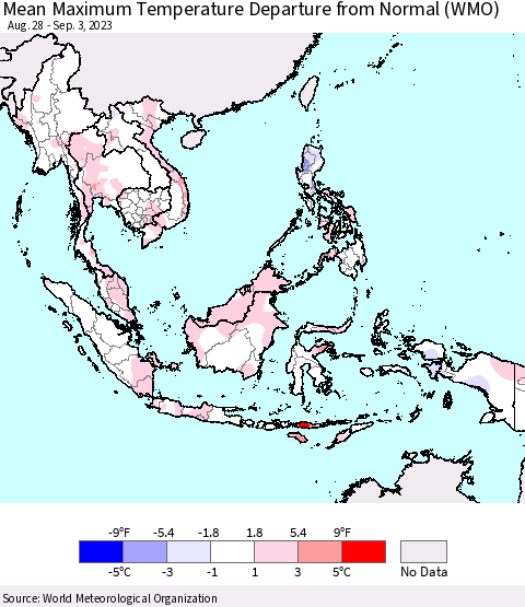 South East Asia Mean Maximum Temperature Departure from Normal (WMO) Thematic Map For 8/28/2023 - 9/3/2023