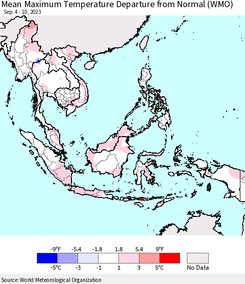 South East Asia Mean Maximum Temperature Departure from Normal (WMO) Thematic Map For 9/4/2023 - 9/10/2023