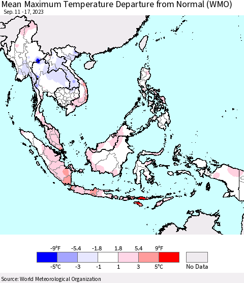 South East Asia Mean Maximum Temperature Departure from Normal (WMO) Thematic Map For 9/11/2023 - 9/17/2023