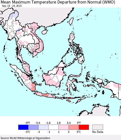 South East Asia Mean Maximum Temperature Departure from Normal (WMO) Thematic Map For 9/18/2023 - 9/24/2023
