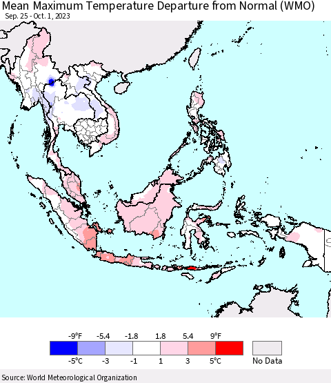 South East Asia Mean Maximum Temperature Departure from Normal (WMO) Thematic Map For 9/25/2023 - 10/1/2023