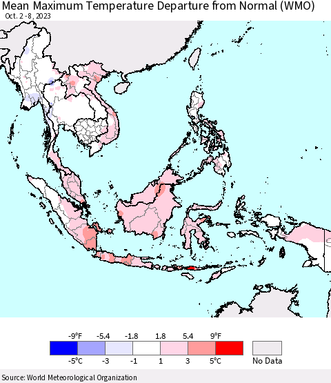 South East Asia Mean Maximum Temperature Departure from Normal (WMO) Thematic Map For 10/2/2023 - 10/8/2023