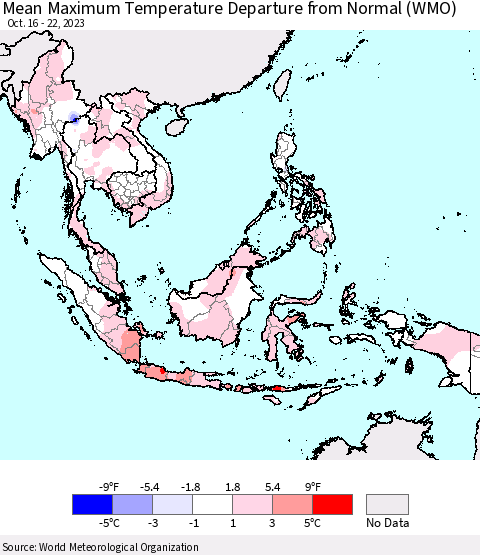 South East Asia Mean Maximum Temperature Departure from Normal (WMO) Thematic Map For 10/16/2023 - 10/22/2023
