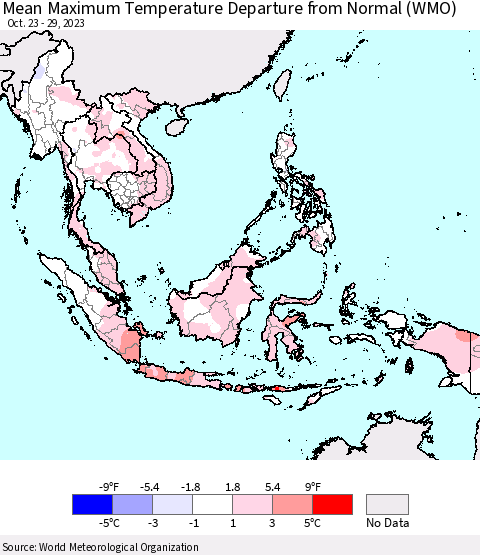 South East Asia Mean Maximum Temperature Departure from Normal (WMO) Thematic Map For 10/23/2023 - 10/29/2023