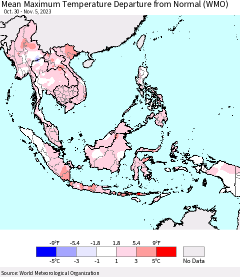 South East Asia Mean Maximum Temperature Departure from Normal (WMO) Thematic Map For 10/30/2023 - 11/5/2023
