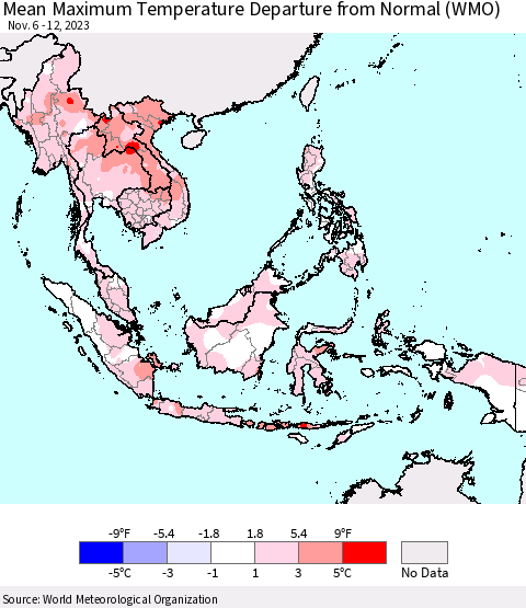 South East Asia Mean Maximum Temperature Departure from Normal (WMO) Thematic Map For 11/6/2023 - 11/12/2023