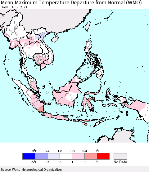 South East Asia Mean Maximum Temperature Departure from Normal (WMO) Thematic Map For 11/13/2023 - 11/19/2023